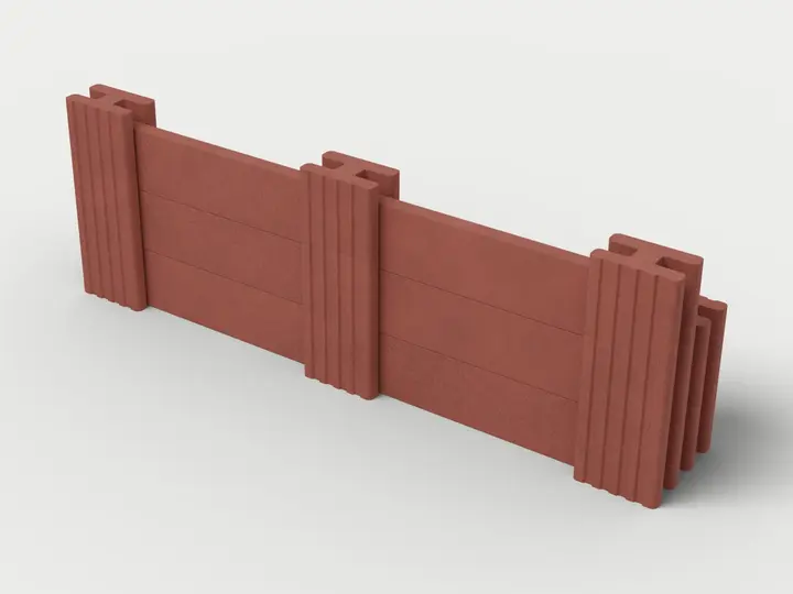 Visualisierung: Näherung – Mauersystem Höhe 82,5 cm mit Betonriegeln, Ausschnitt 250 cm lang, schräg von oben (3/4-Ansicht); Steinfarbe Rot, Farbton nicht verbindlich; eine Schallschutzwand selbst ist nicht modelliert.