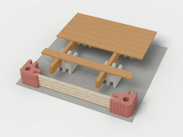 Visualisierung: Holzterrasse mit teilweise offenem Dielenbelag. Unter den Holzbalken sind graue Systemsteine sichtbar.