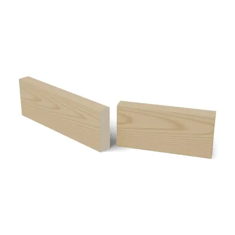 Visualisierung: Zuschnitt auf Wunschlänge, 3D-Ansicht – Holzriegel 100 × 20, bei 58 cm quer gesägt, frische Schnittflächen, kurzes Stück leicht gedreht